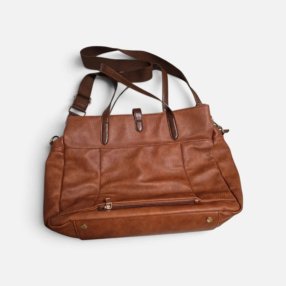 Cognac Brown Vegan Leather Multi-Compartment Tote Crossbody Bag Gold Hardware
